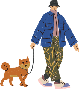 Guy Dog Walking Flat Textured Handdrawn Cozy Autumn Fashion